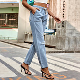 Pantalon en jean déchiré à taille élastique avec cordon de serrage et lacets, pantalon décontracté